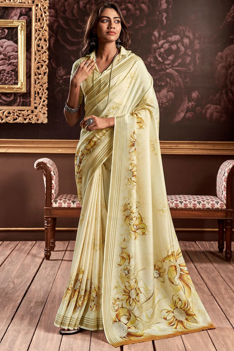 Gangotri Curry Yellow Soft Handloom Silk Floral Printed Saree