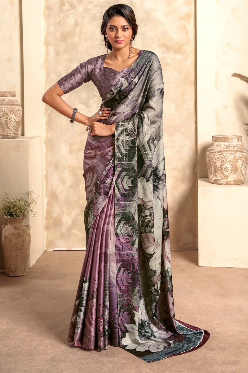 Winter Blackies Lavender Soft Satin Silk Printed Saree