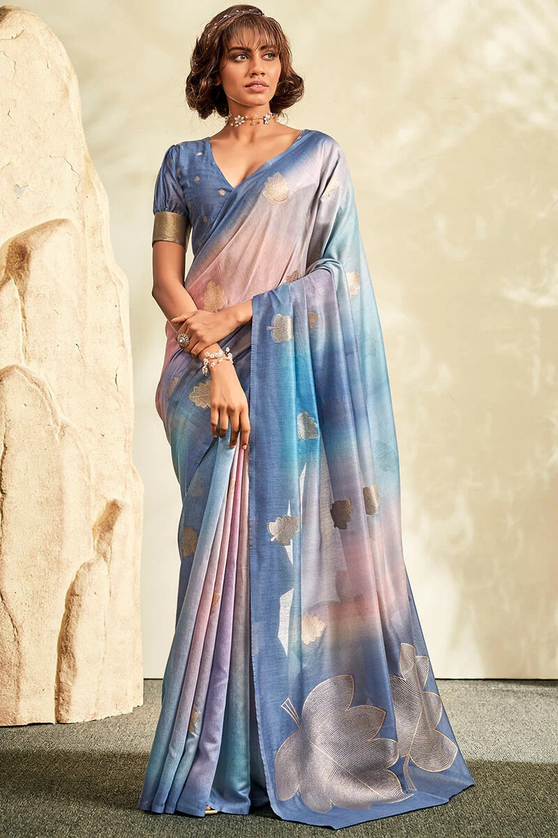 Asopalava Dusty Blue Pure Handloom Khadi silk Printed Saree