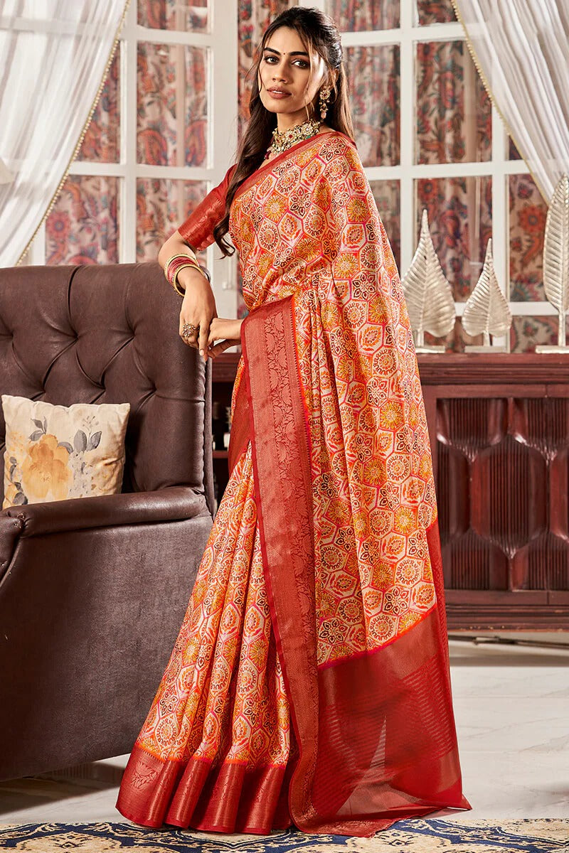 Sunhari Orange Pure Satin Silk Printed Saree