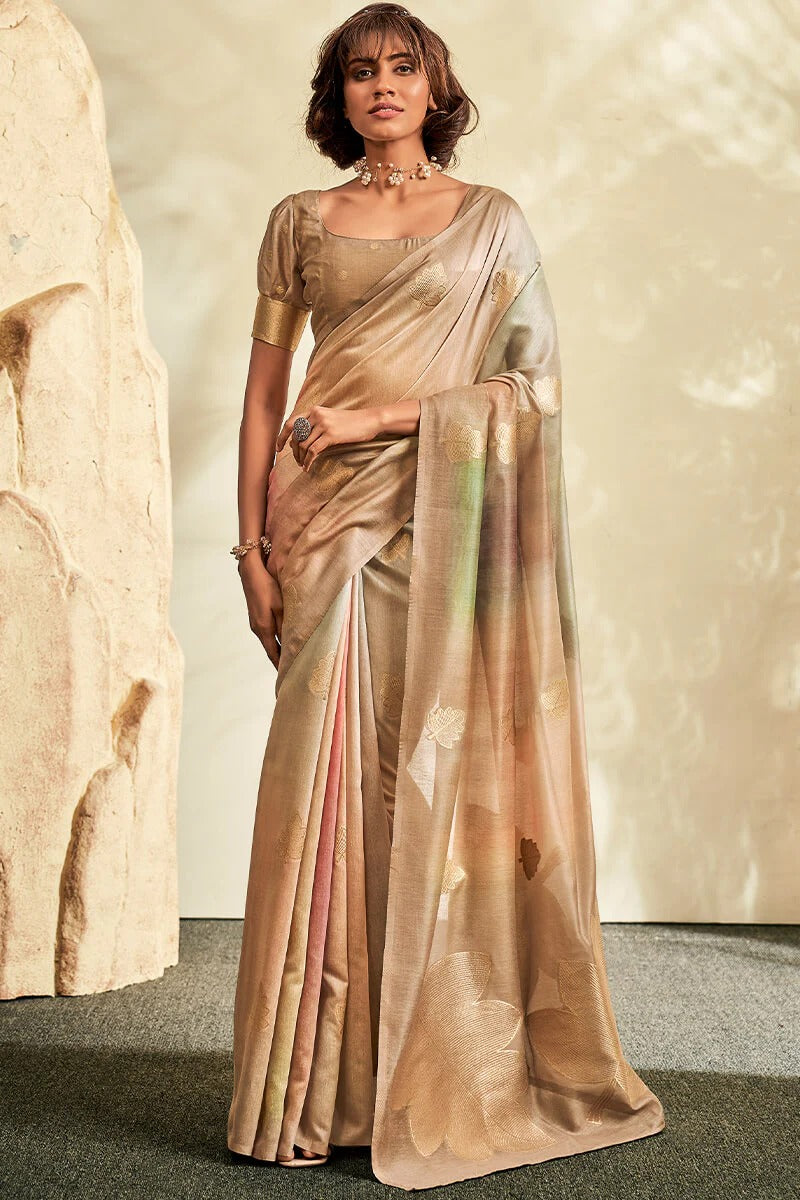 Asopalava Beige Pure Handloom Khadi silk Printed Saree