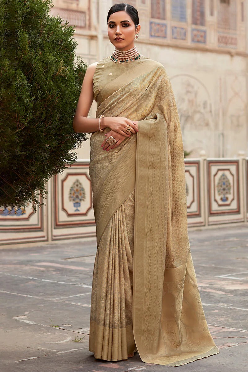 Kavisha Honey Beige Nylon Crape Printed Silk Weaving Saree