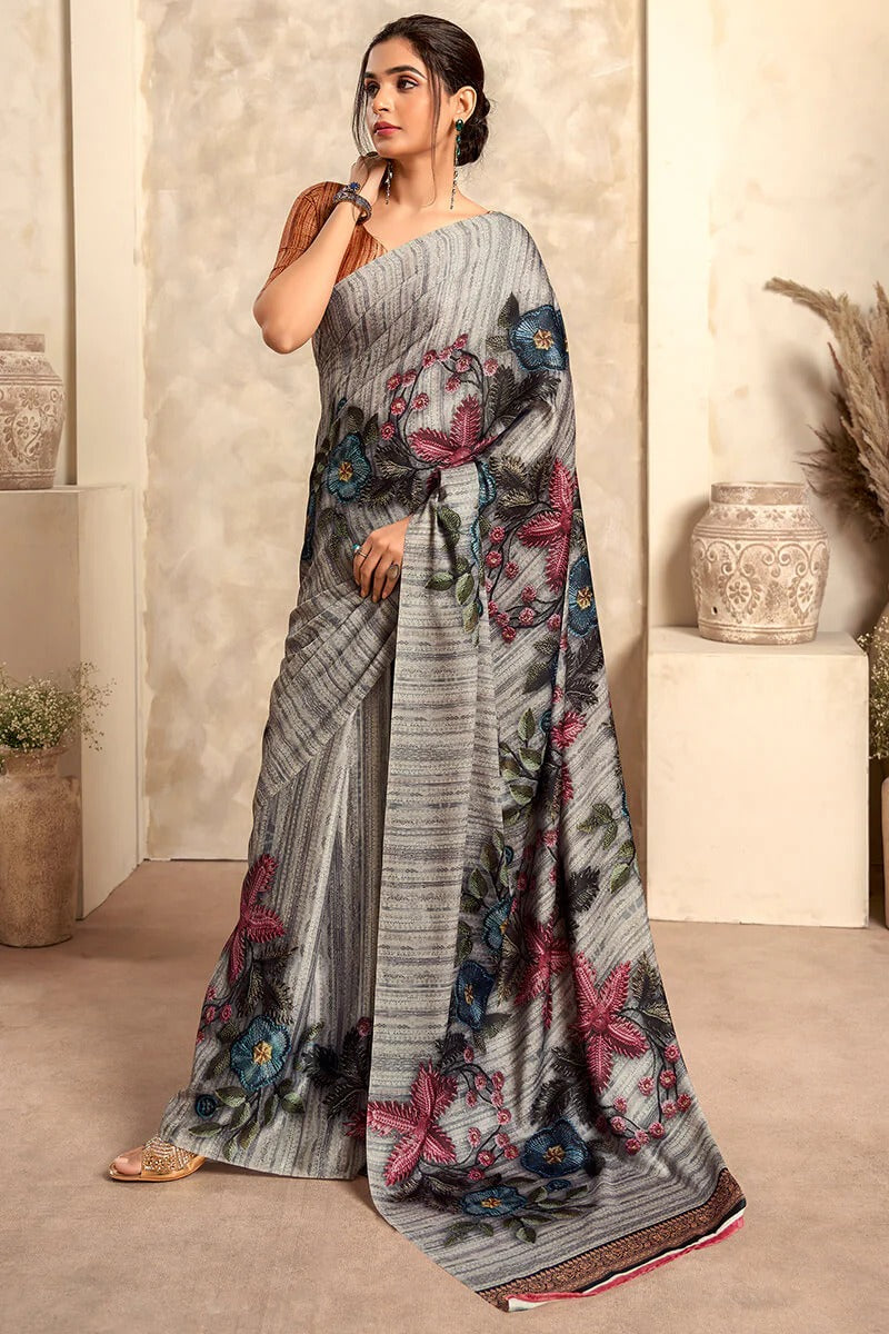 Jasmin Frost Grey Soft Satin Silk Printed Saree