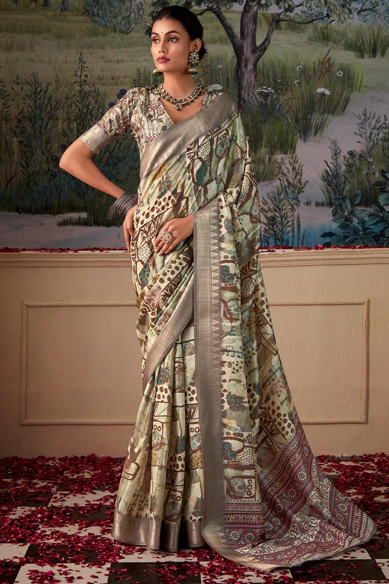 Shimoni Mist Grey Tussar Silk Printed Saree