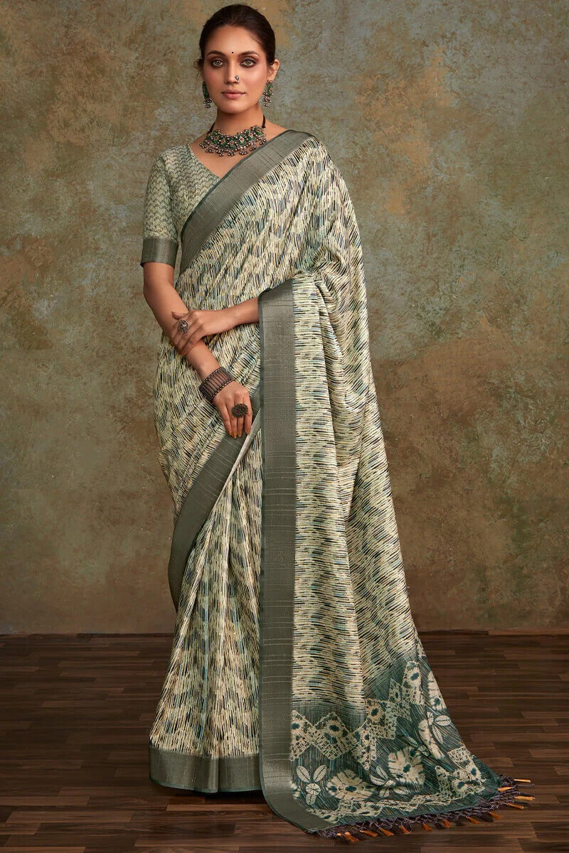 Ritika Marled Grey Soft Silk Printed with Sequence Weaving Saree