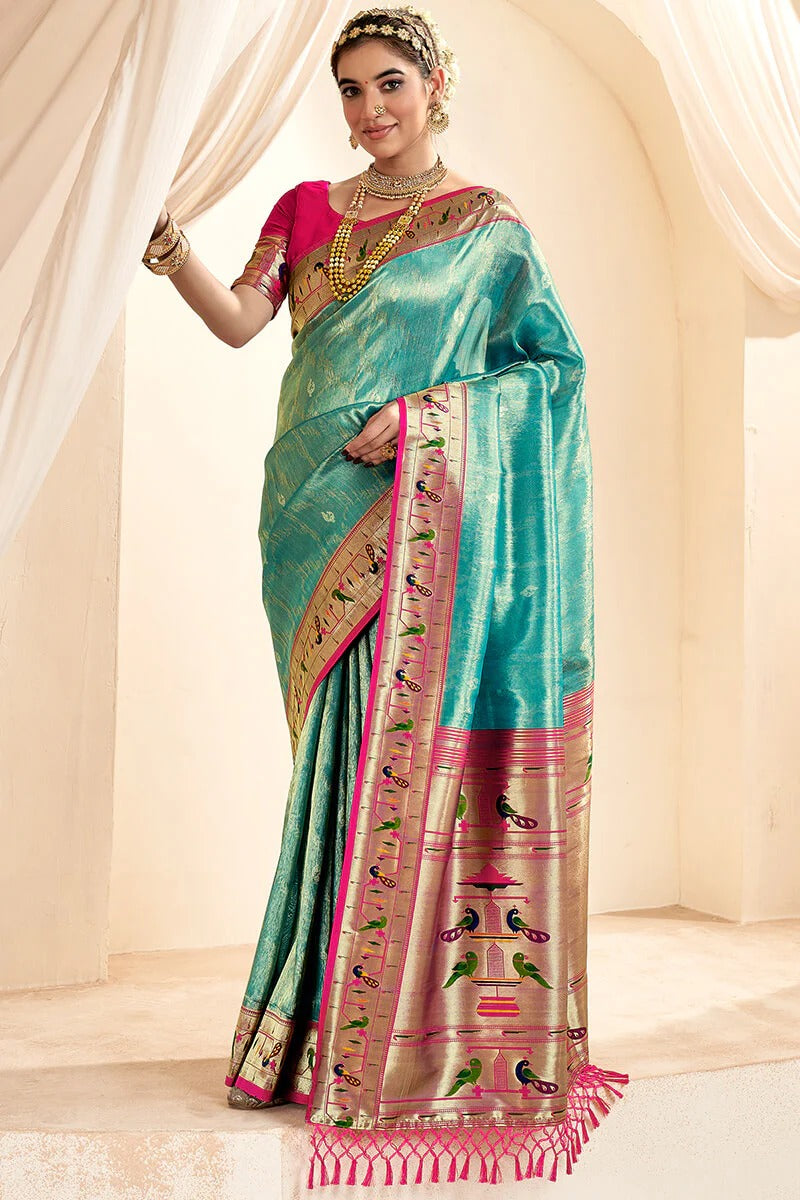 Mangalya Sky Teal Pure Paithani Tissue Silk Weaving Saree