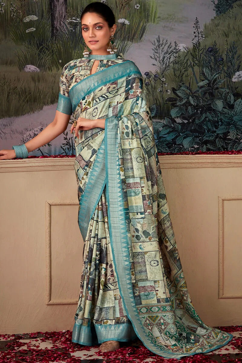 Shimoni Ocean Blue Tussar Silk Printed Saree
