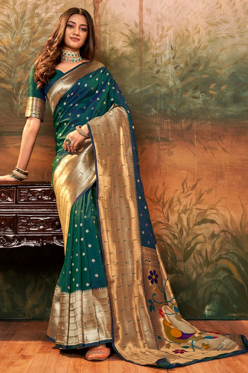 Pavitra Green Pure Paithani Silk Zari Weaving Saree