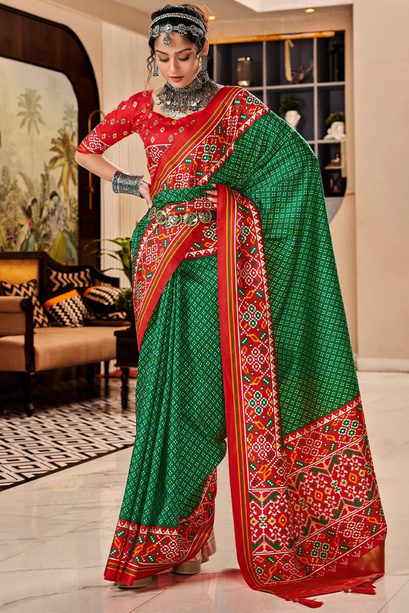 Bandhan Green Tusser Patola Silk Lagdi Pallu Saree