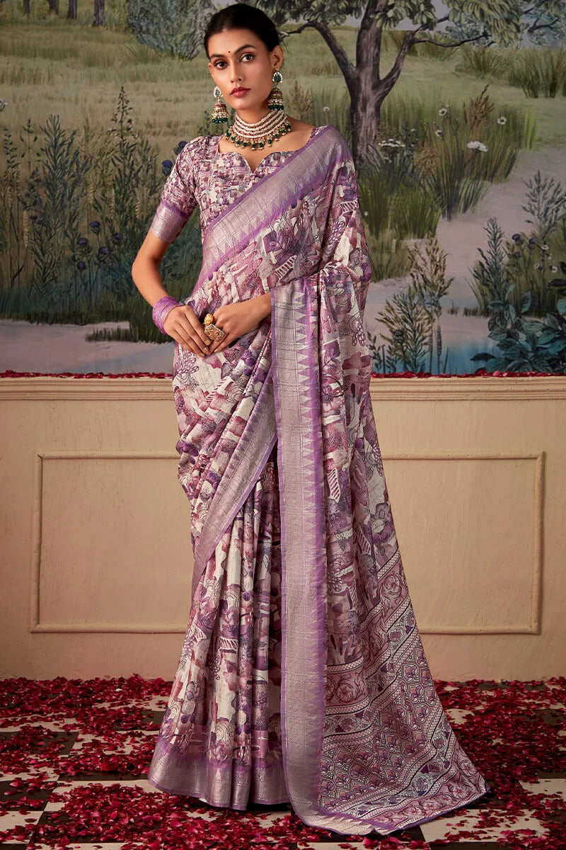 Shimoni Blushed lavender Tussar Silk Printed Saree