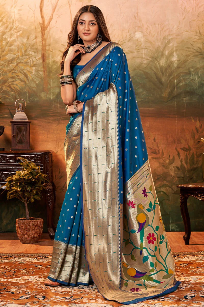 Pavitra Cobalt Blue Pure Paithani Silk Zari Weaving Saree