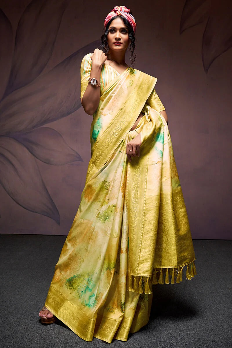 Rangrezza Yellow Soft Silk Printed Saree