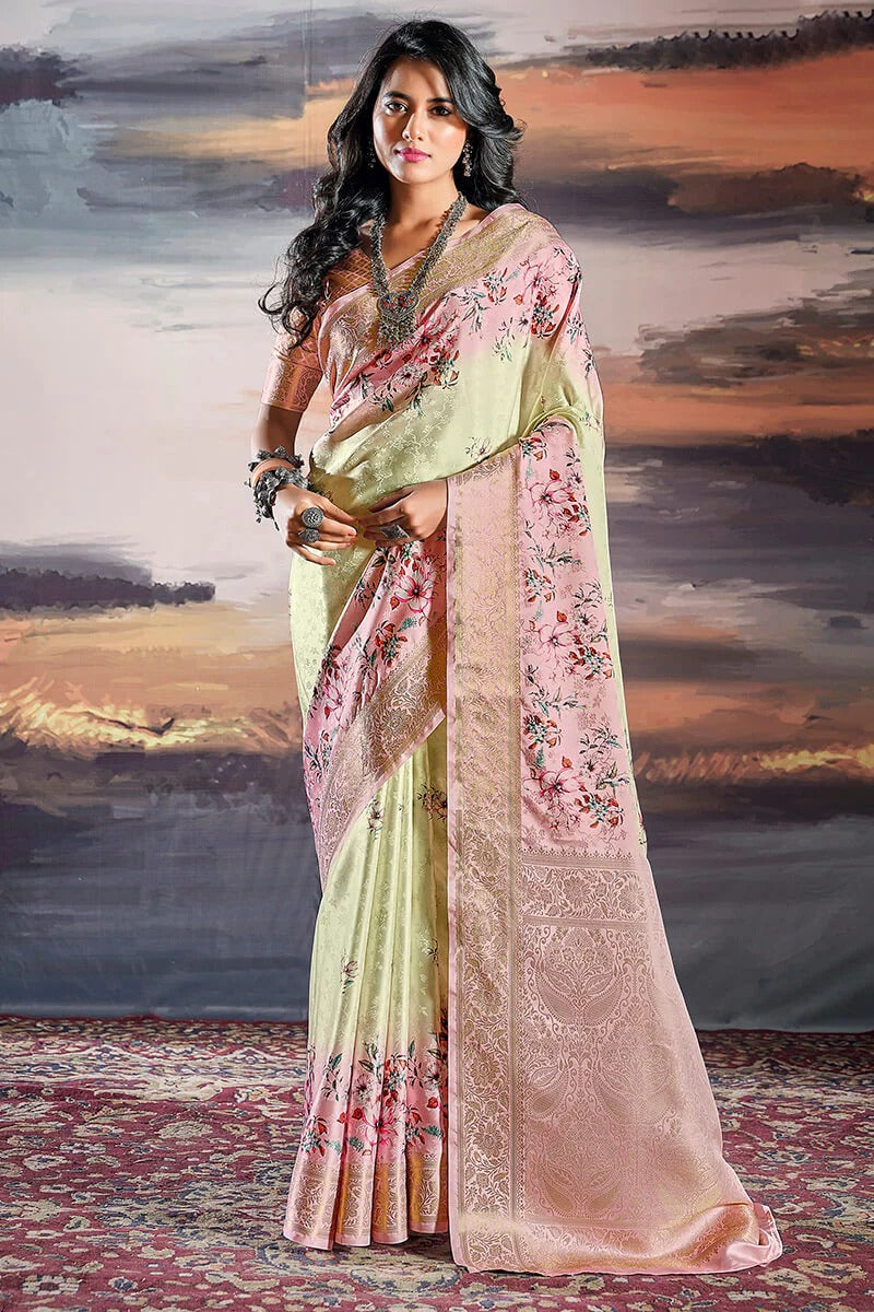 Pratishtha Sunwashed Beige Pure Satin Silk Self Weaving Printed Saree