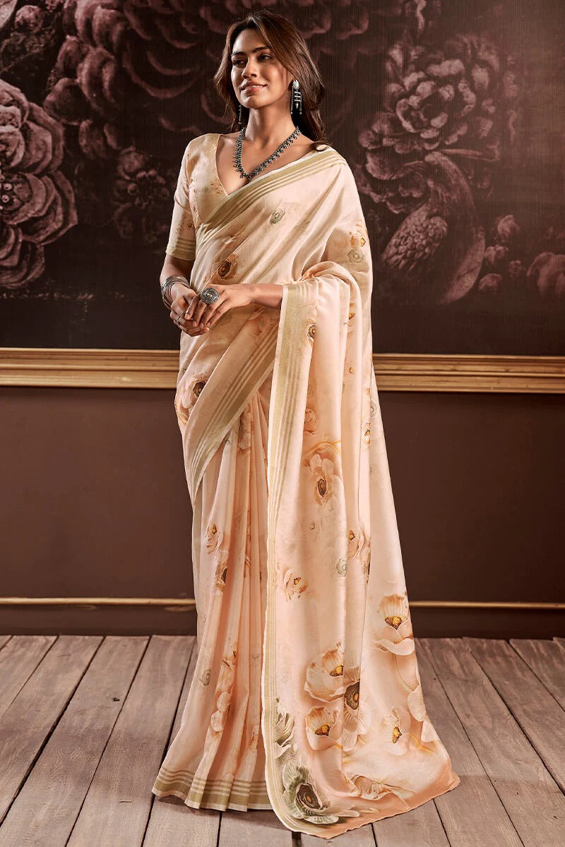 Gangotri Petal Peach Soft Handloom Silk Floral Printed Saree