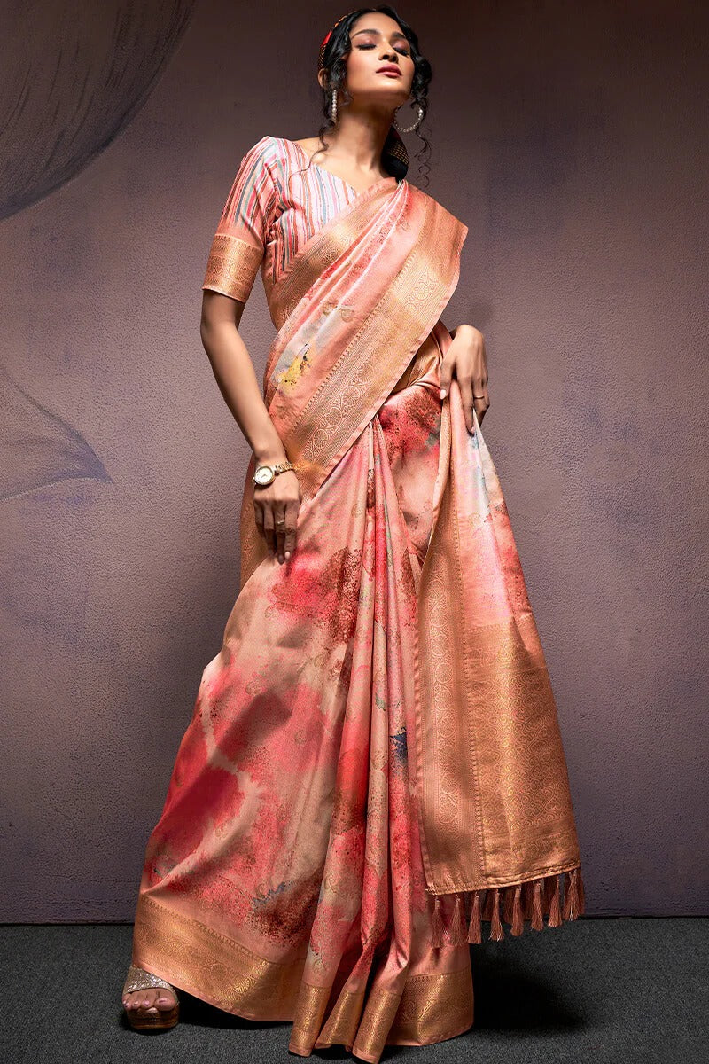Rangrezza Peach Soft Silk Printed Saree