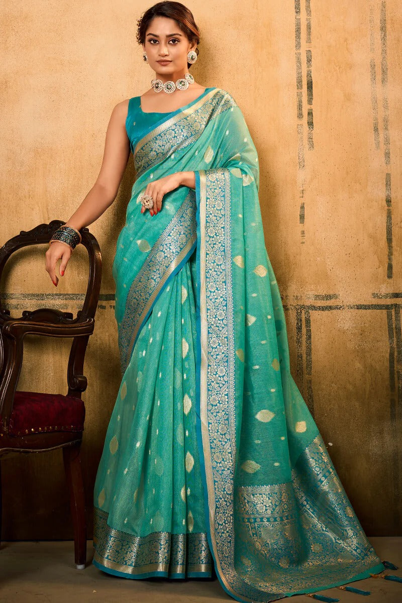 Petals mint Blue Banarasi Tissue Silk Weaving Saree
