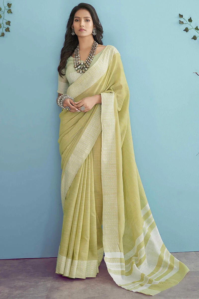 Aarzoo Acid Yellow Chikankari Linen Silk Weaved Saree