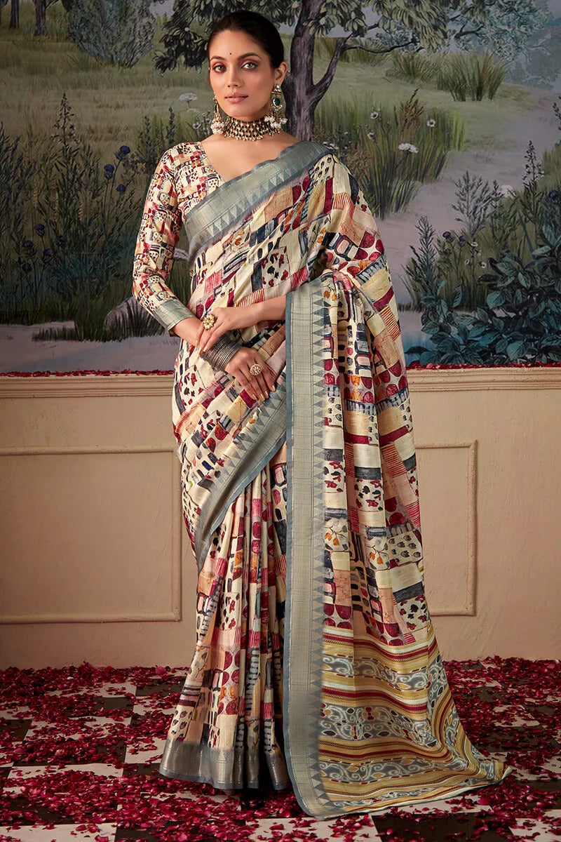 Shimoni Honey Beige Tussar Silk Printed Saree