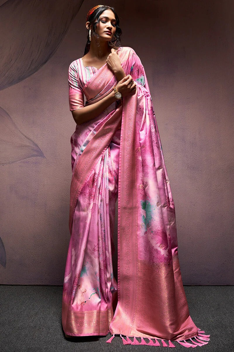 Rangrezza Coral Pink Soft Silk Printed Saree