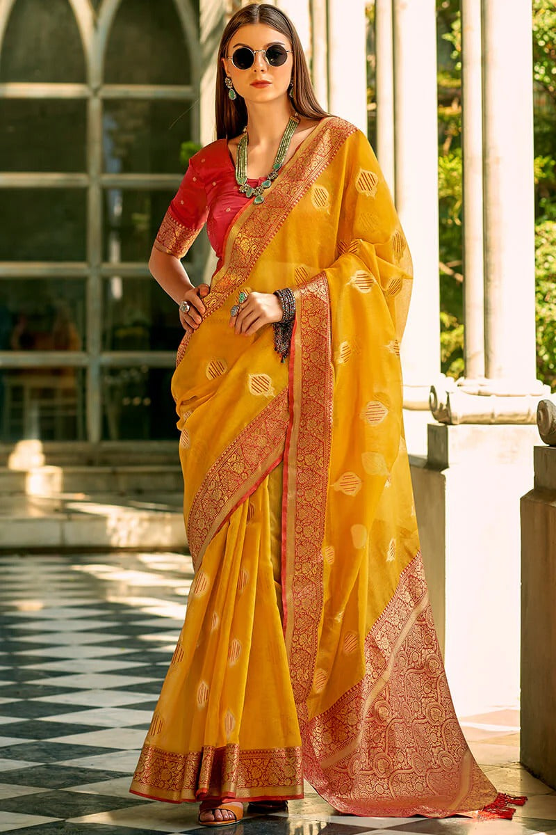 Zil Sunburnt Yellow Banarasi Soft Tissue Silk Weaving Saree