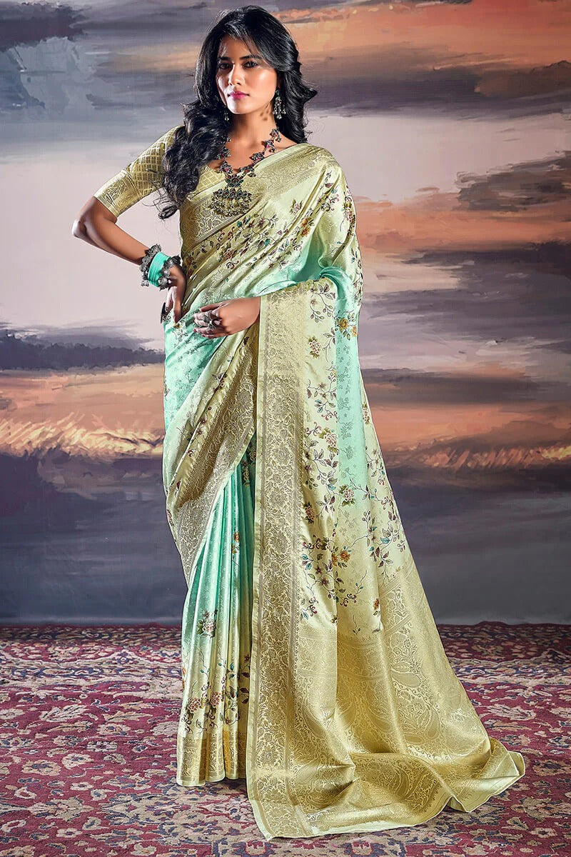 Pratishtha Pestle Green Pure Satin Silk Self Weaving Printed Saree