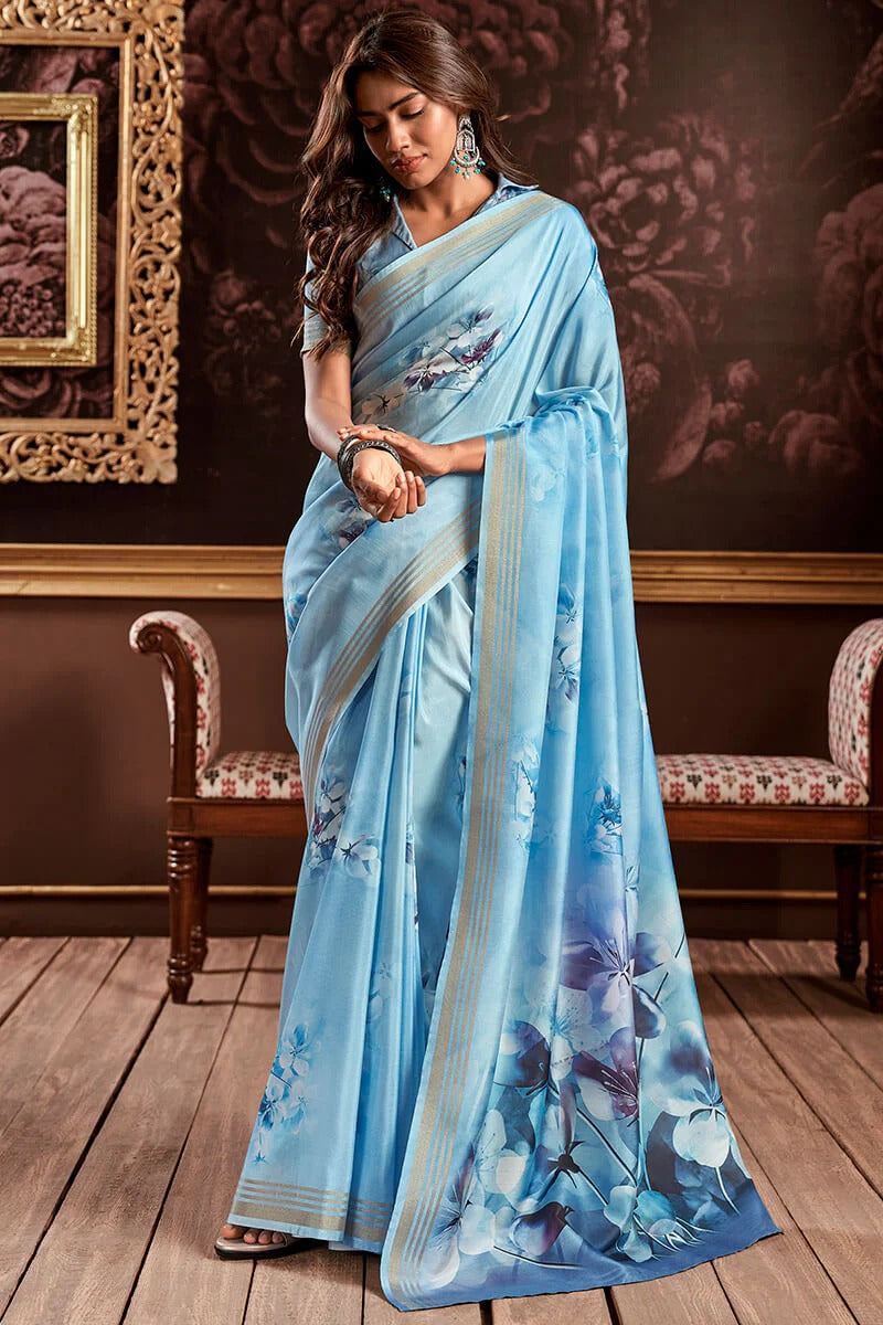 Gangotri Ether Blue Soft Handloom Silk Floral Printed Saree