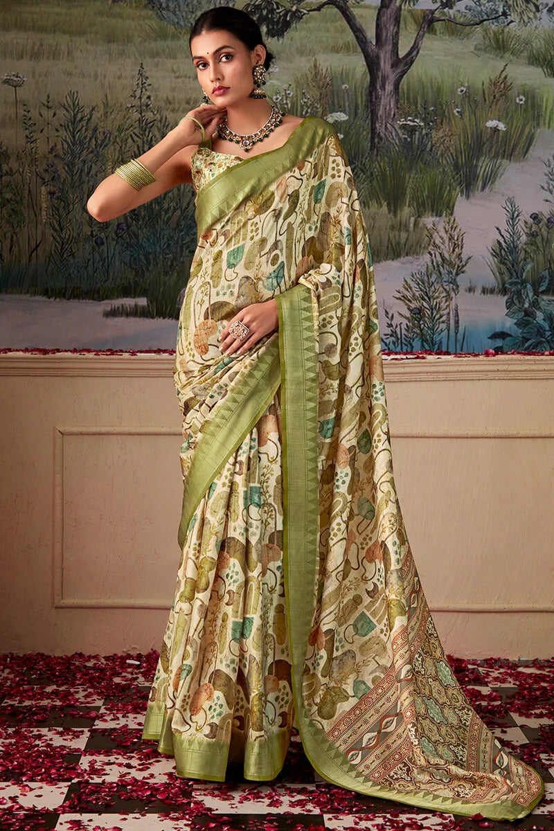 Shimoni Pestel Olive Tussar Silk Printed Saree