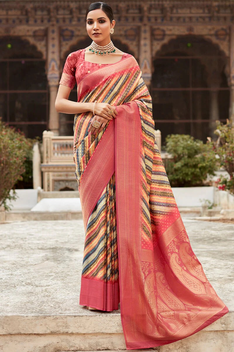 Kavisha Multicolor Nylon Crape Printed Silk Weaving Saree