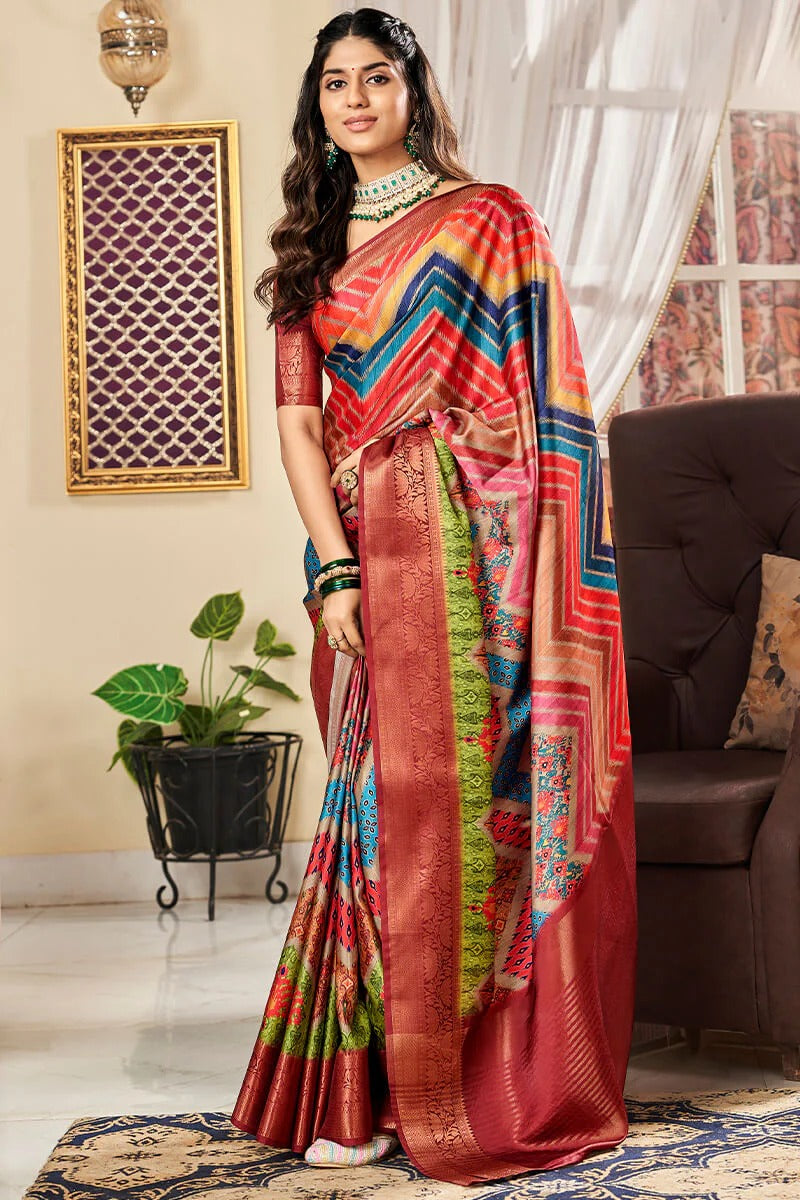 Sunhari Multicolor Pure Satin Silk Printed Saree