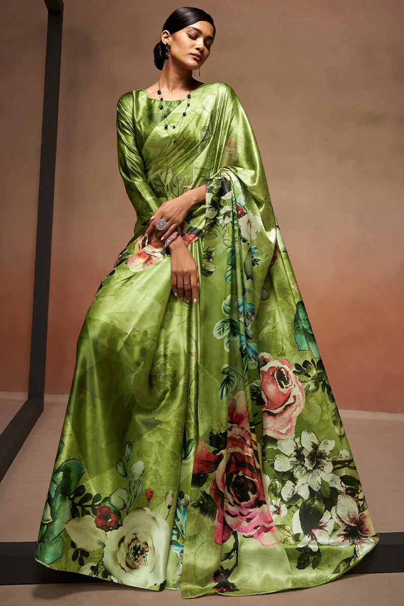 Bollywood Green Soft Satin Silk Printed Saree