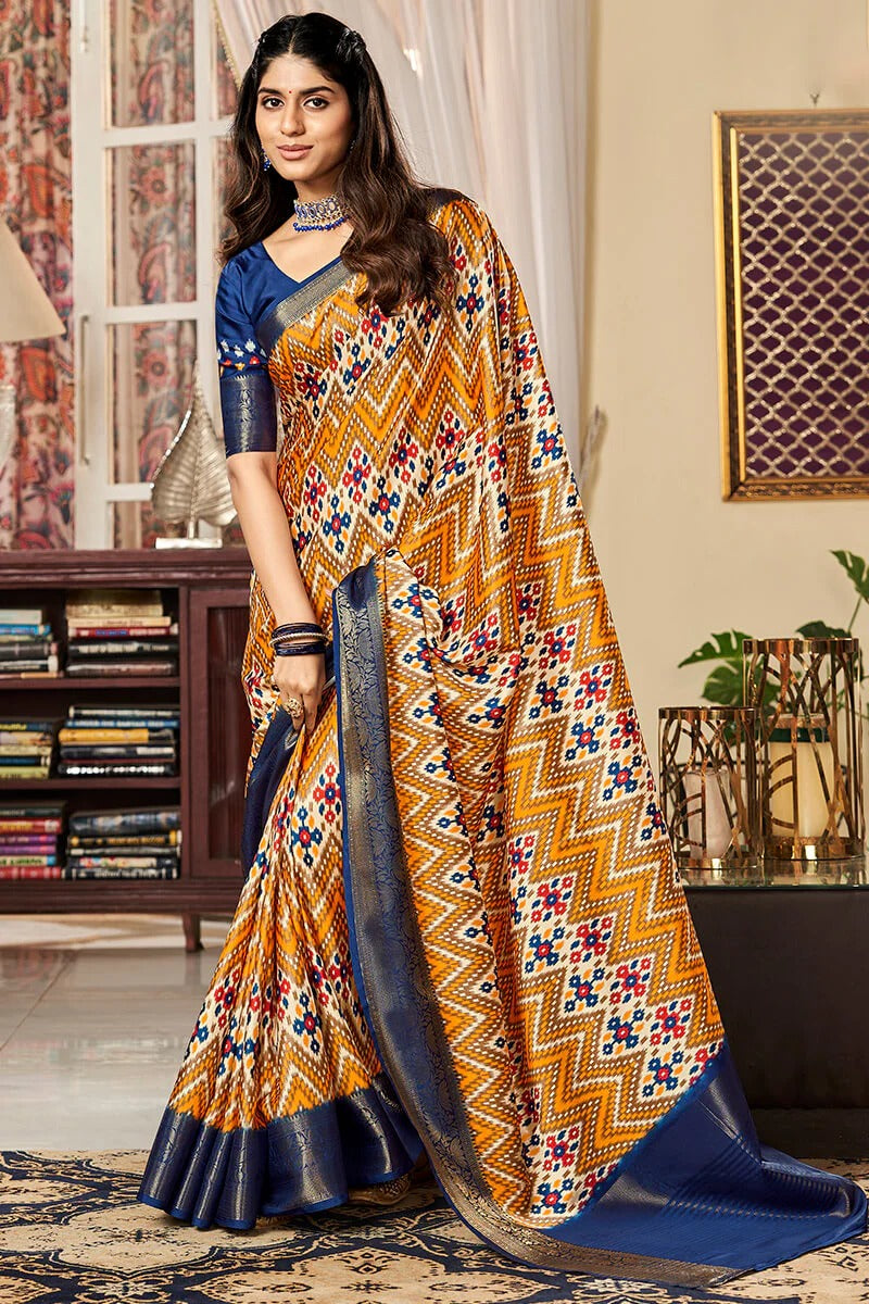 Sunhari Umber Gold Pure Satin Silk Printed Saree