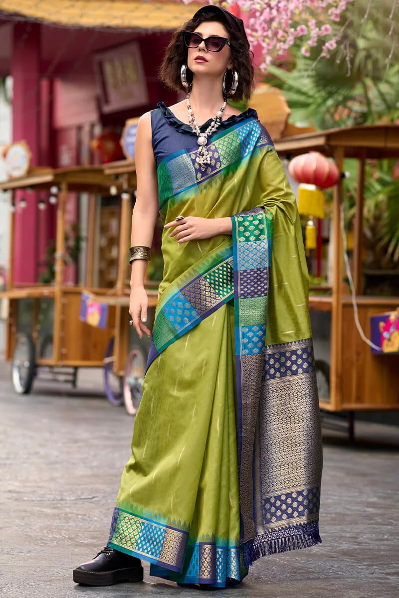 Rangoli Smoky Green Pure Soft  Banarasi Silk Weaving Saree