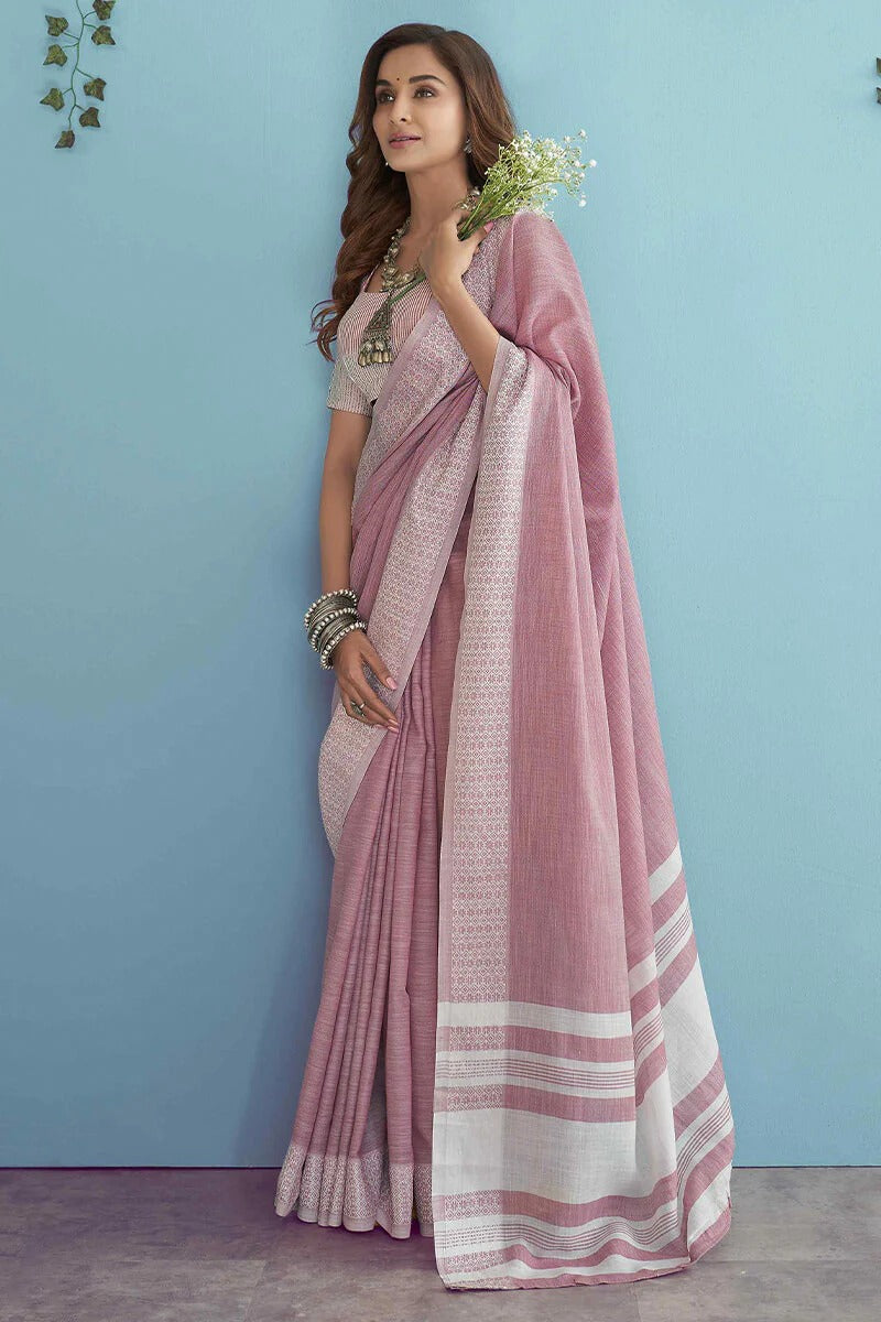 Aarzoo Pink Chikankari Linen Silk Weaved Saree