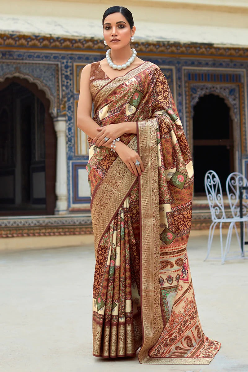 Saaria Charred Brown Dola Silk Printed Saree