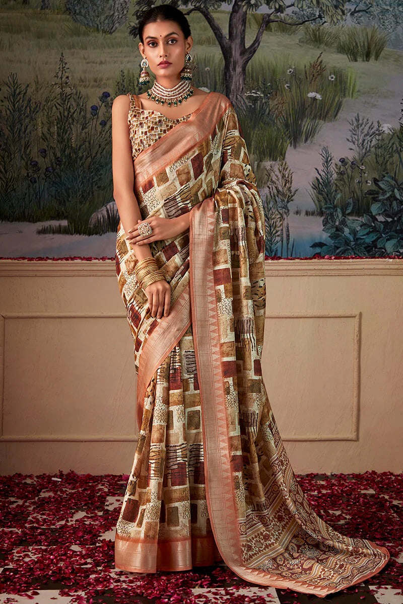 Shimoni greige Brown Tussar Silk Printed Saree