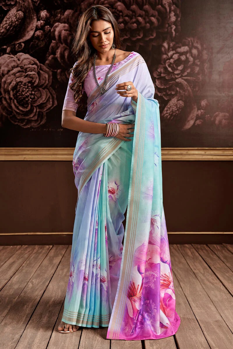 Gangotri Sky Blue Soft Handloom Silk Floral Printed Saree