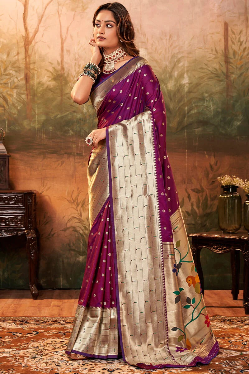 Pavitra Royal Purple Pure Paithani Silk Zari Weaving Saree