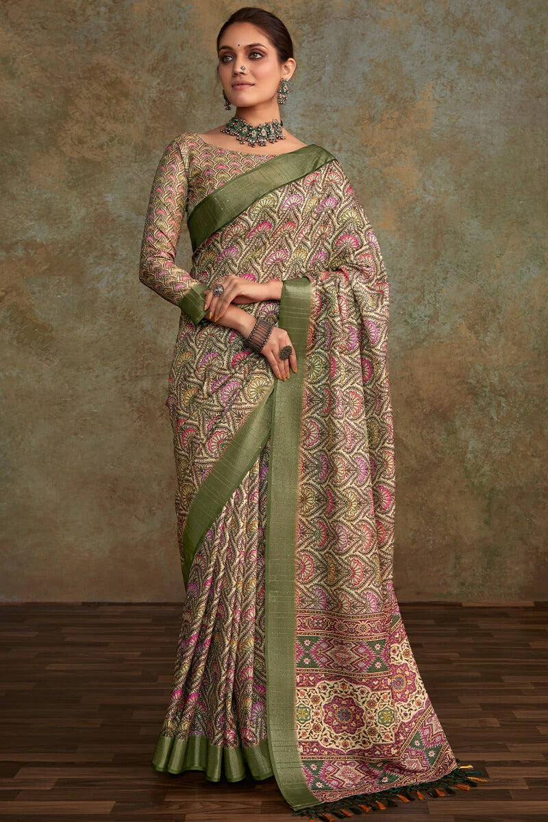 Ritika Oat brown Soft Silk Printed with Sequence Weaving Saree