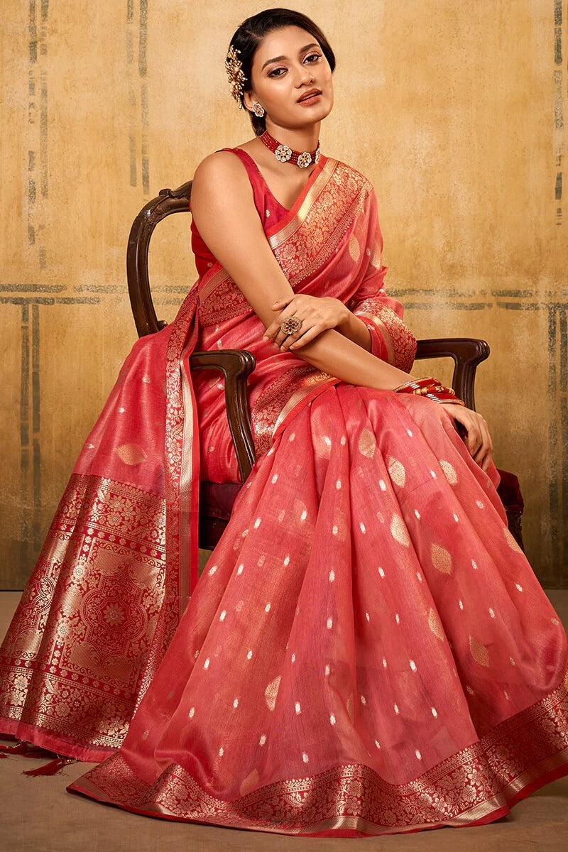 Petals Red Banarasi Tissue Silk Weaving Saree