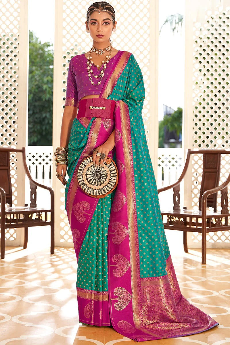 Vrishbha Turquoise Green Soft Banarasi Silk Zari Weaving Saree