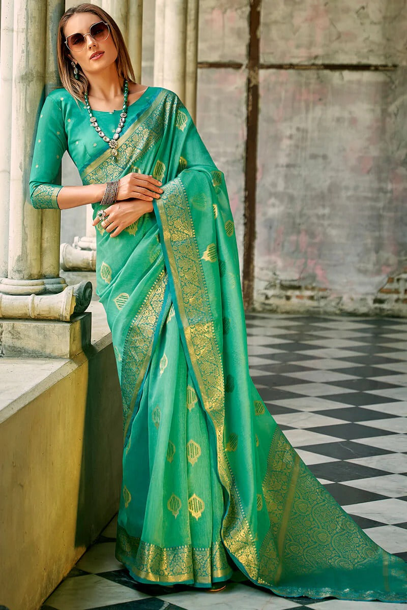 Zil Mystic Teal Banarasi Soft Tissue Silk Weaving Saree