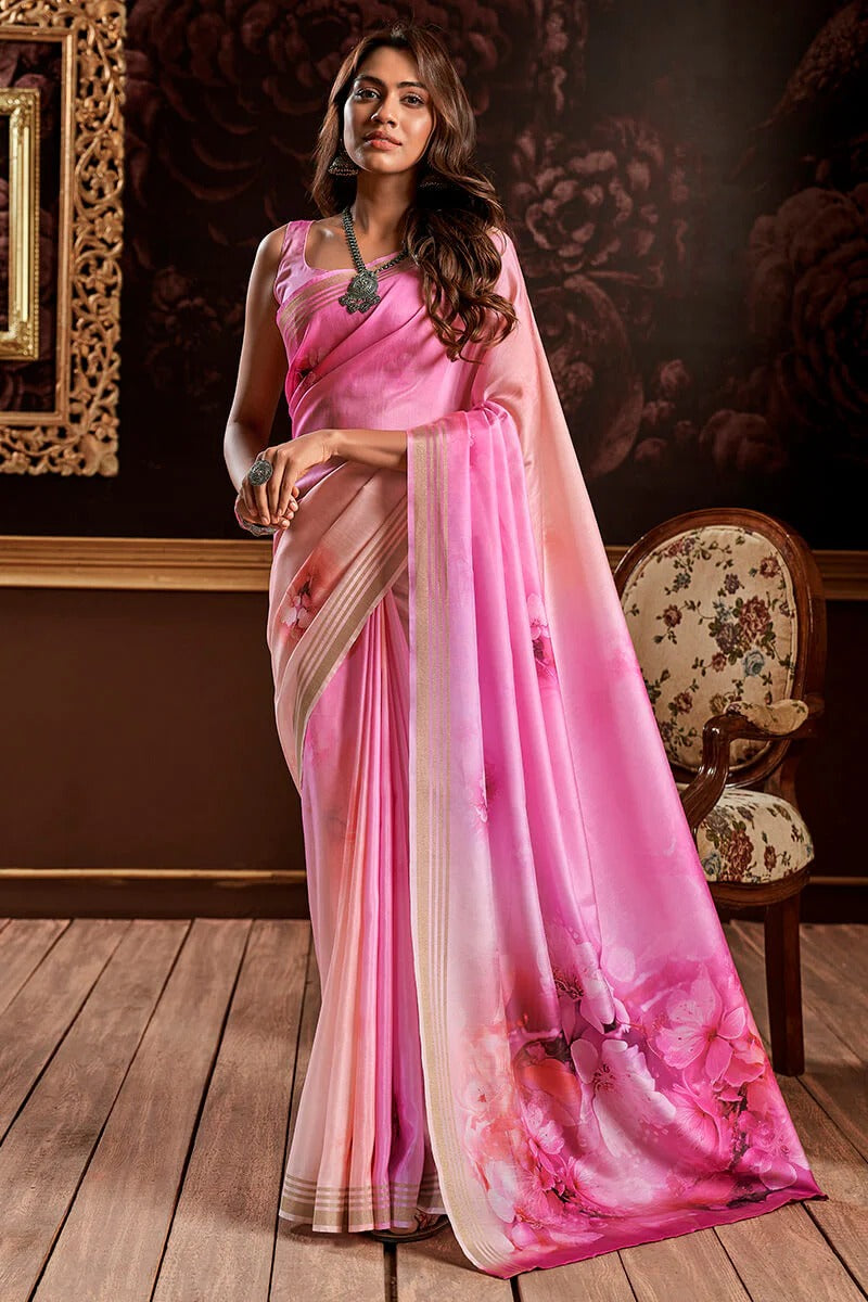 Gangotri Orchid Pink Soft Handloom Silk Floral Printed Saree
