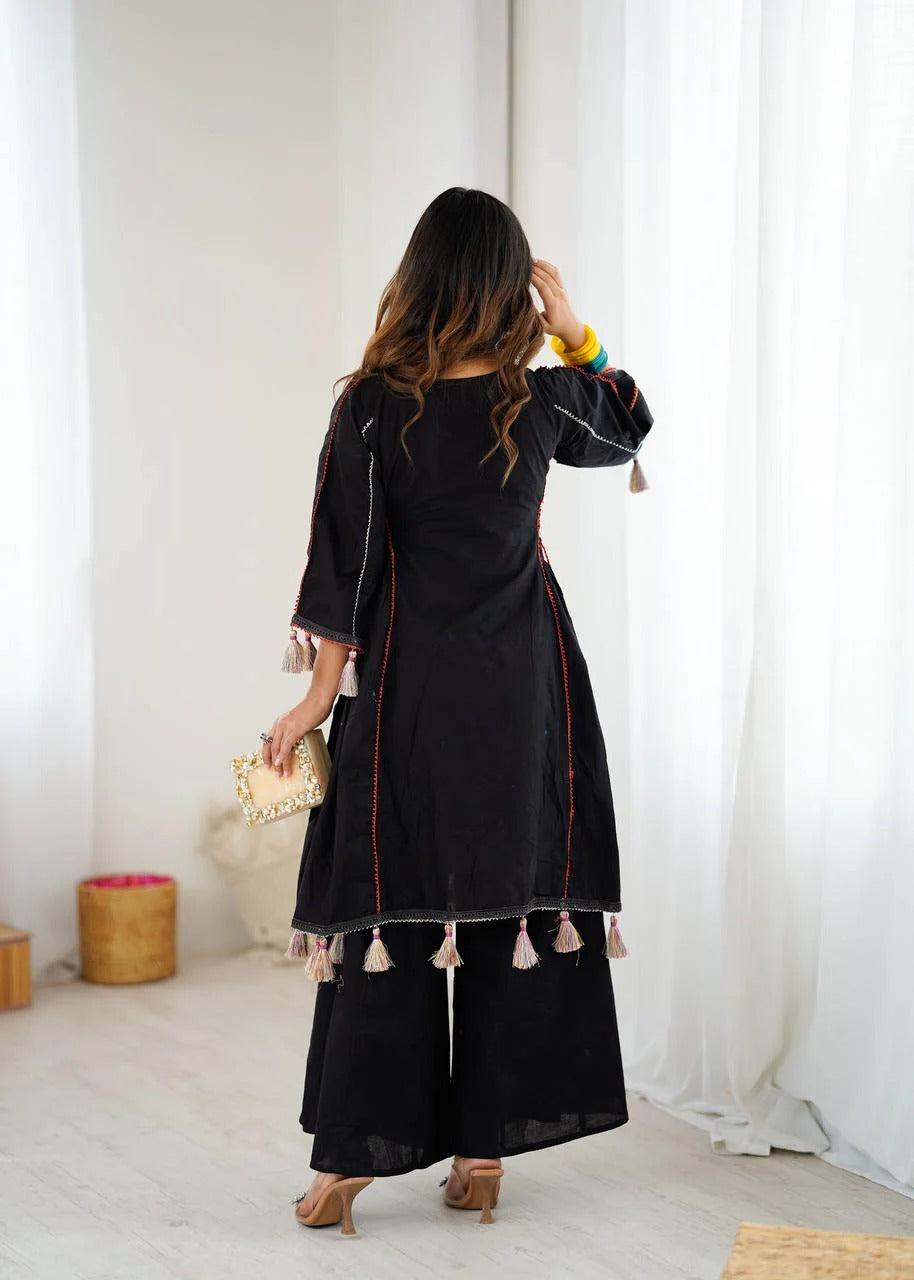 Black Soft Reyon Embroidery thread work And original mirror work with tassels