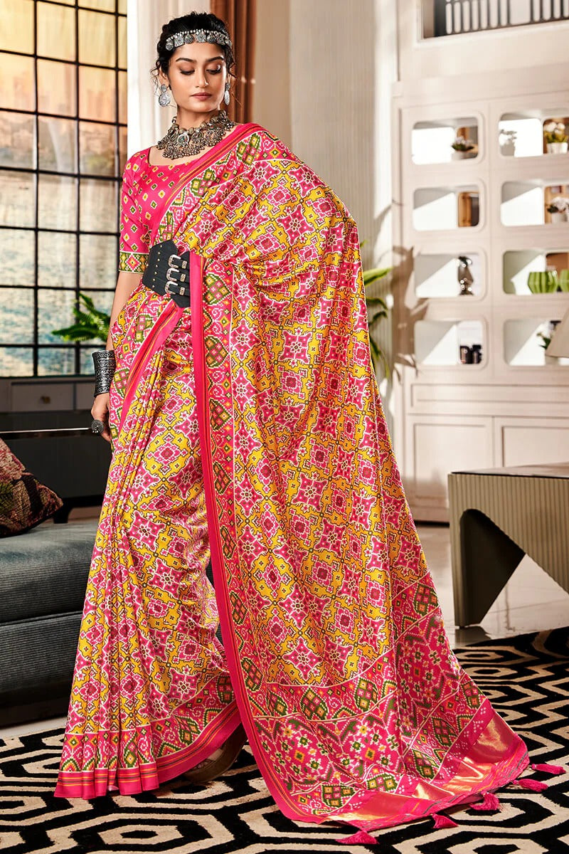 Bandhan Pink And Yellow Tusser Patola Silk Lagdi Pallu Saree
