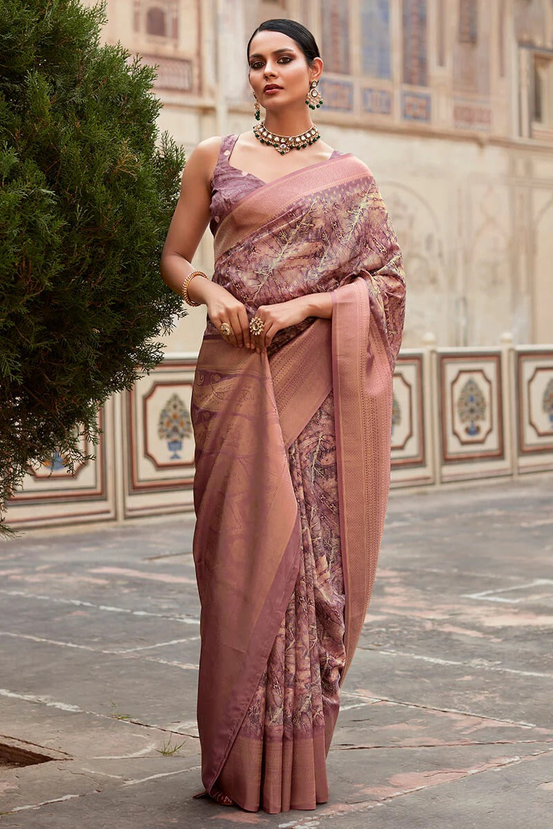 Kavisha Dusty Rose Nylon Crape Printed Silk Weaving Saree