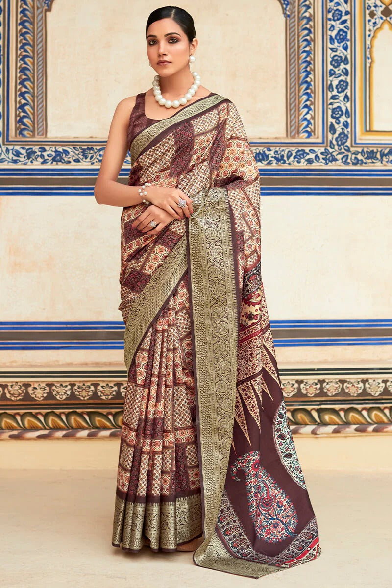 Saaria Burgundy Brown Dola Silk Printed Saree