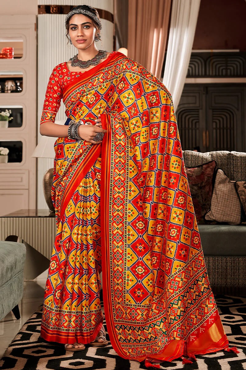 Bandhan Red And Yellow Tusser Patola Silk Lagdi Pallu Saree
