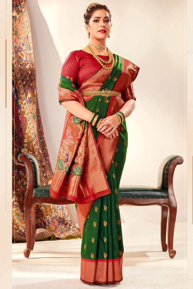 Apporva Combat Green Pure Soft Paithani Silk Weaving  Saree