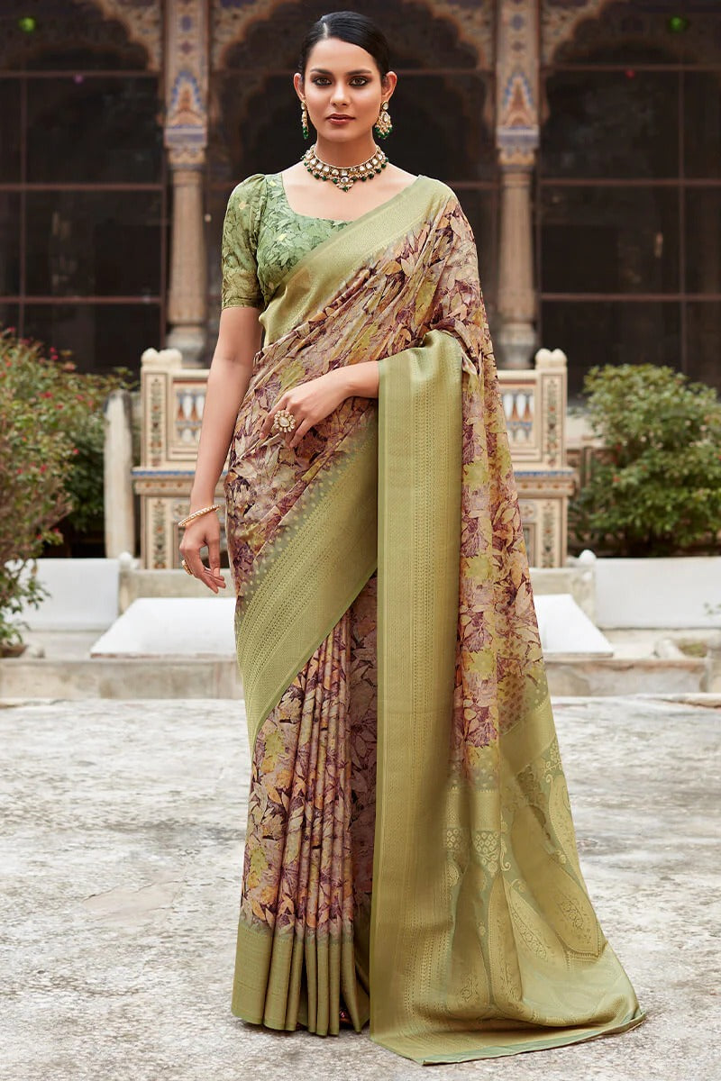 Kavisha Blush Brown Nylon Crape Printed Silk Weaving Saree