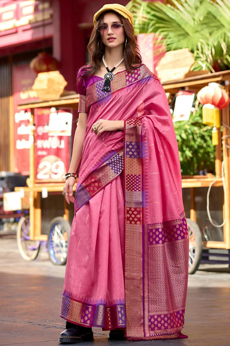 Rangoli Petal Pink Pure Soft  Banarasi Silk Weaving Saree